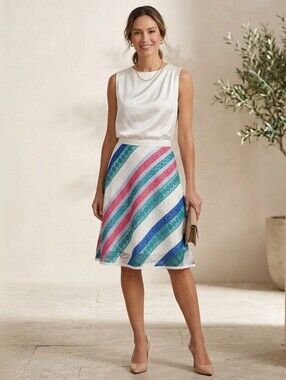 Carlisle Crochet Lace A-Line Skirt Size 8 Pockets‎ Lined Pink Blue Green Stripe